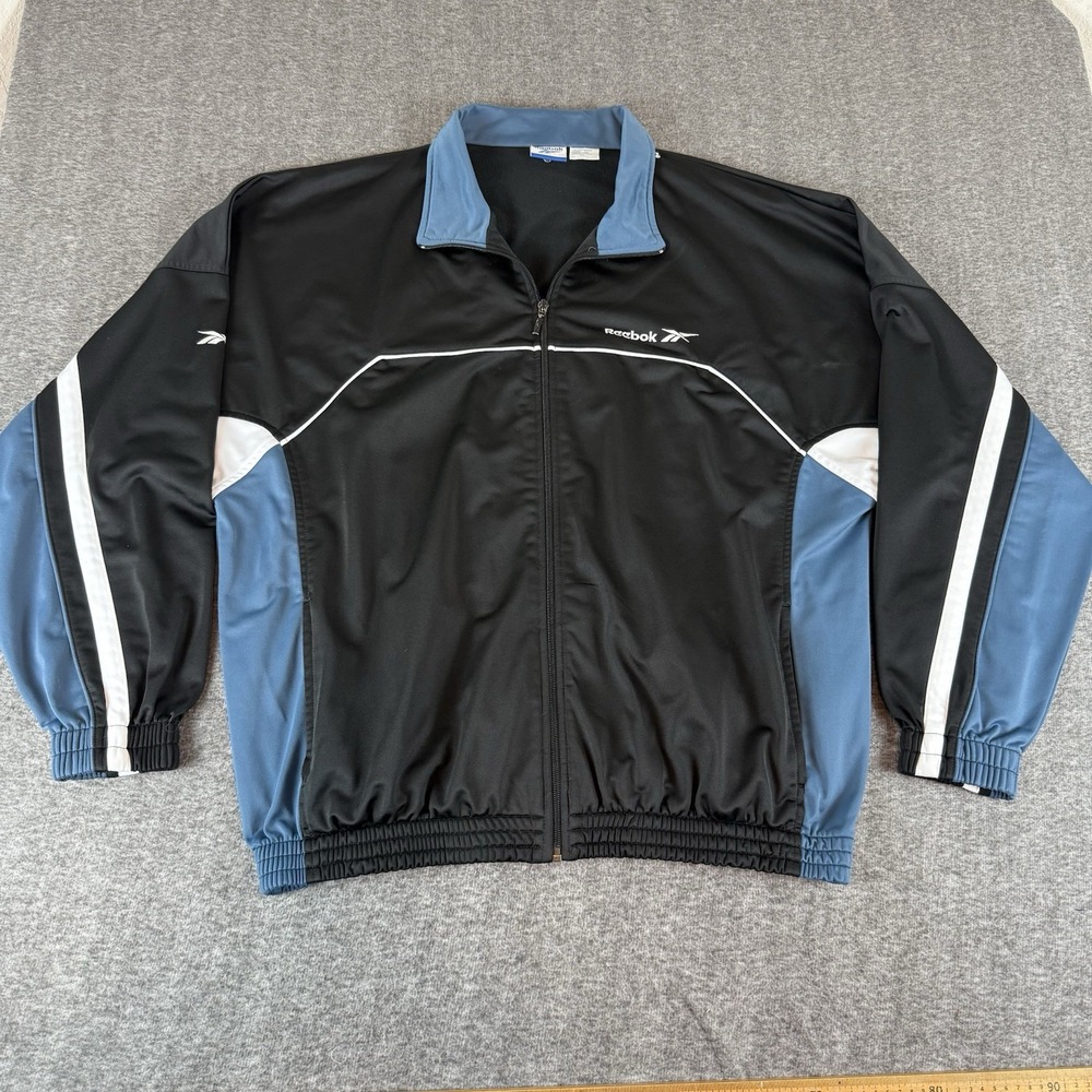 Reebok Track Jacket Men's XL Black Blue Full Zip Vintage 90s Style Athleisure
